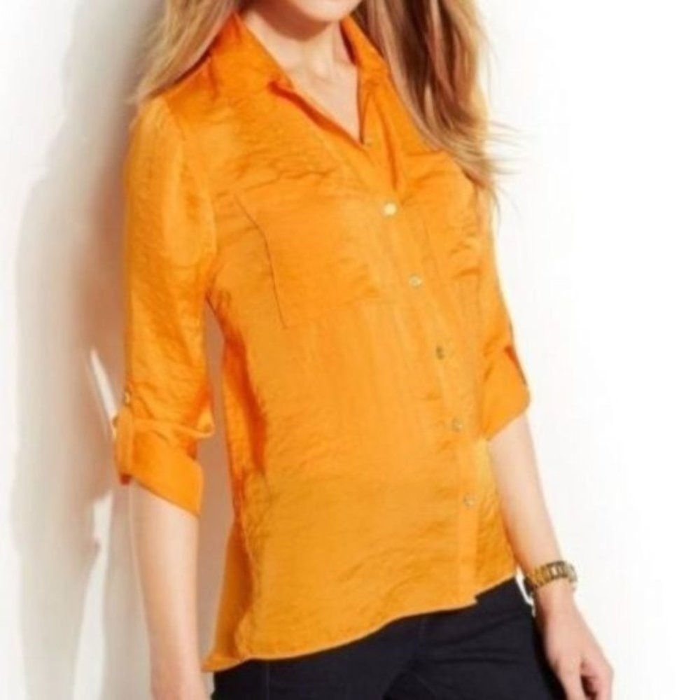Michael Kors Hammered Satin Roll Tab Button Down Blouse Orange S Small